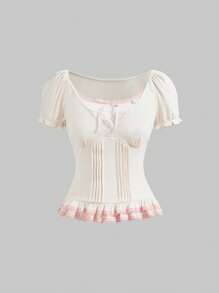 ROMWE Kawaii 可爱碎花撞色蕾丝边蝴蝶结泡泡袖修身二合一女式 T 恤 - 米色 - 查看 1