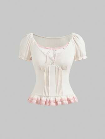 Kawaii Süßes Ditsy-Blumen-Kontrast-Spitzenbesatz Schleife Puffärmel Bodycon 2-in-1 Damen T-Shirt