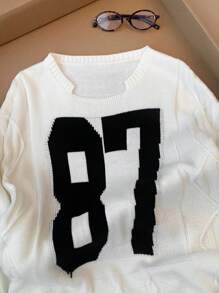 SHEIN EZwear 女式超大号数字图案落肩长袖毛衣，秋冬款 - 白色 - 查看 6