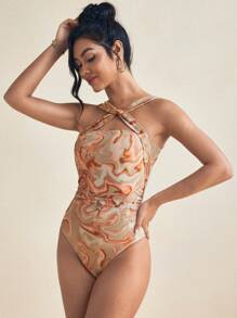 DYENN Designer Tie Dye Printed Mesh Twist Straps Ruched Bodysuit - Multicolor - View 8