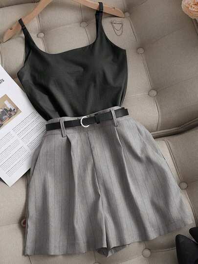 Franclia Französischer Stil lässige, vielseitige gestreifte, weite Khaki Schlaghose, Bermuda Shorts für Damen, Frühling/Sommer