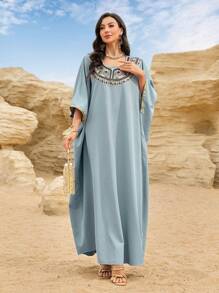 Al Najma 水晶装饰圆领长袖卡夫坦长裙，土耳其和阿拉伯优雅传统风格长裙，端庄 - 霧霾藍 - 查看 7