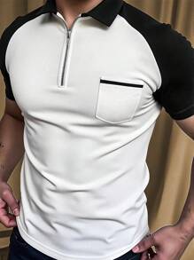 Manfinity Dauomo Men's Sporty Color Block Short Sleeve Polo Shirt, Casual For Spring And Summer - Black and White - View 1