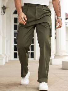 Manfinity Homme Men Solid Color Button Front Pocket Casual Pants, Everyday Leisure Wear, Fall