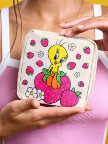 LOONEY TUNES X SHEIN 1 件 RPET 可爱卡通崔弟鸟和草莓印花卫生巾收纳袋，可用作女性卫生用品收纳袋、数码收纳袋、小物品收纳袋