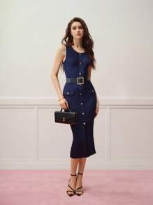 MOTF PREMIUM WOMEN METAL BUTTON SLEEVELESS RIBBED KNITTED SWEATER DRESS - Navy Blue - View 1