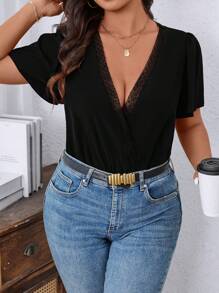 SHEIN Clasi Plus Size Women Elegant Ruffle Sleeve Bodysuit - Black - View 5