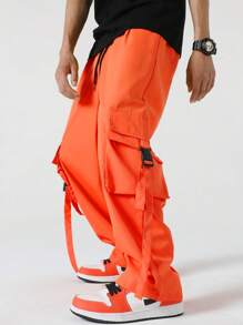 Manfinity Hypemode Loose Fit Men's Flap Pocket Side Drawstring Waist Cargo Pants - Orange - View 4