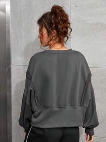 SHEIN 青少年女孩休闲落肩纯色短款侧开衩运动衫，适合春秋季节 - 灰色 - 查看 2