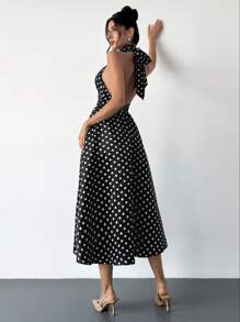 Firerie Women's Vintage French Style Polka Dot V-Neck Backless Cinched Waist High Waist Midi Dress, Suitable For Valentine's Day, Concerts, Performances, Dates, Banquets, Weddings, Sexy, Elegant, Commuting, Back To School, Vacation, Beach, Romantic