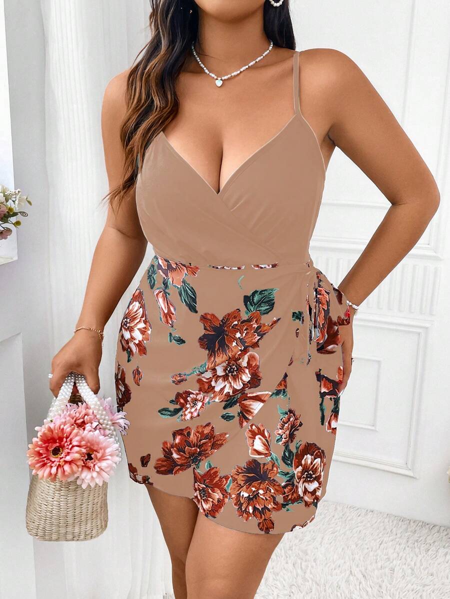 SHEIN Clasi Vestido de tiras finas sencillo de talla grande, moda para el verano - Caqui - Ver 1