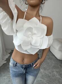 Chiquease Women's Sexy Off-Shoulder Bell Sleeve Shirt With 3D Floral Decor, Fashion Casual Blouse For Spring/Summer - White - View 5