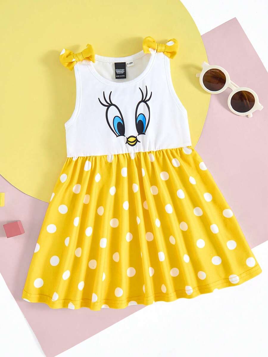 LOONEY TUNES X SHEIN Baby Girl Cute Sweet Casual Yellow Cartoon Tweety Pattern Polka Dot Printed Bowknot Dress, Suitable For Spring & Summer - Yellow - View 1