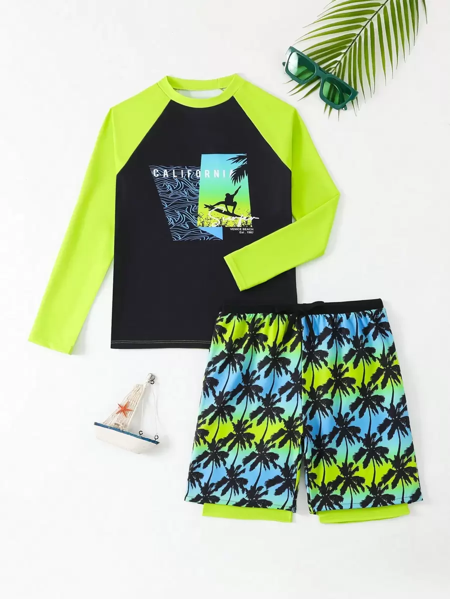Teen Boys Tropical Beach Plants Print Swimsuit Set,Neon Beachwear - Multicolor - View 1