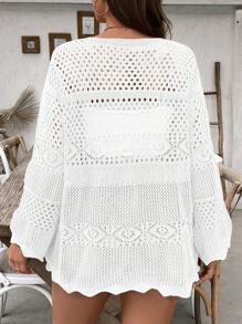 Breezaya Plus Size Women Solid Color Knit Hollow Tie Up Long Sleeve Long Cover Up, Sexy Vacation Summer Thin Cover Up Suitable For Beach, Swimsuit, Sun Protection