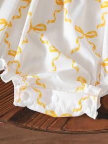 Baby Girl Simple Pink Butterfly Pattern Puff Sleeve Pleated Ruffle Hem Daily Wear - Yellow - View 3