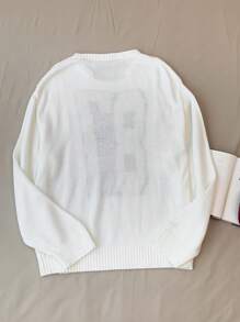 SHEIN EZwear 女式超大号数字图案落肩长袖毛衣，秋冬款 - 白色 - 查看 2