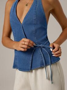 Forever 21 Women's Casual Side Tie Halter Neck Denim Top