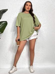 SHEIN EZwear Plus Size Casual Solid Color Letter Embroidered T-Shirt - Green - View 5
