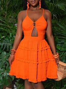 Slaydiva New Spring And Summer Casual Holiday Sexy Suspenders Front Chest Ring Hollow Back Cross Design Large Backless Multi-Layer Cake Skirt Fungus Edge Decoration A Swing Umbrella Skirt Yellow Plaid Fabric Women's Mini Dress