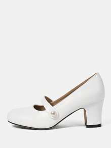 CUCCOO HITCHD Round Toe Pearl Embellished Chunky High Heel Women's Pumps