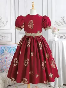 Tween Girl Glittery Ribbon Decor Floral Pattern Color-Block Dress