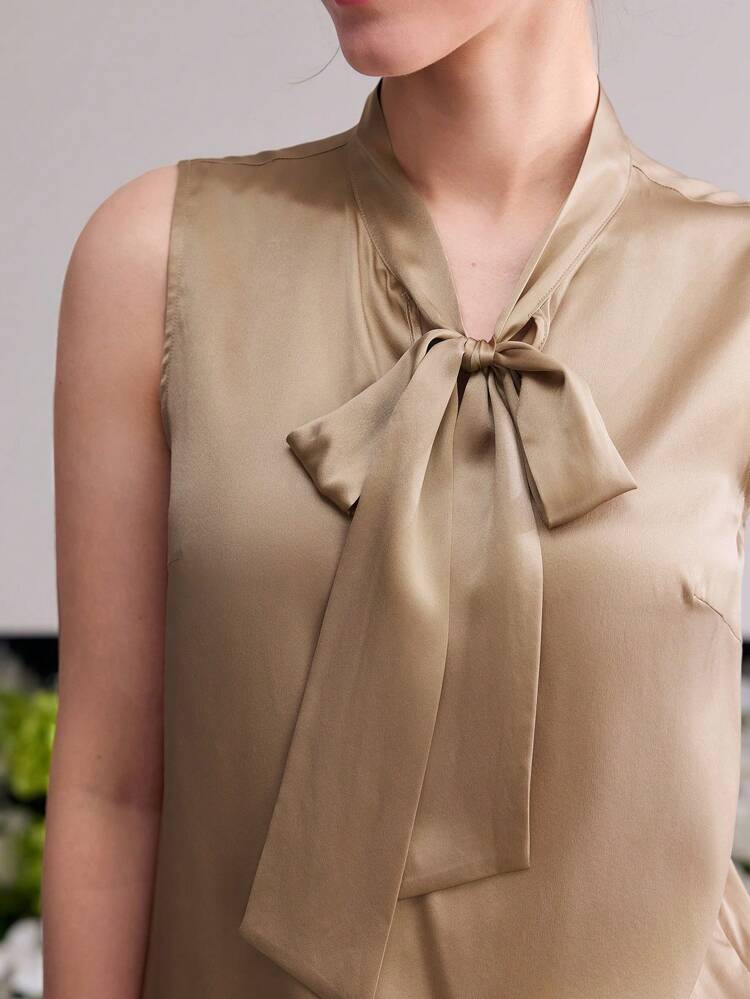 100% SILK TIE NECK SLEEVELESS BLOUSE, SPRING SUMMER SATIN BLOUSE