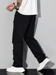 Manfinity Roughcore 男士休闲破洞牛仔裤，适合夏季 - 黑色 - 查看 3