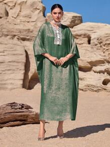 Al Najma Women's Patchwork Webbed V-Neck Batwing Sleeve Turkish Casual Dress Kaftan Jalabiya Dress - Dark Green - View 2