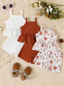SHEIN Vintaside Kids 3pcs/Set Baby Girl's Colorful Ribbed Graphic Tank Top And Elastic Waist Loose Shorts Beach Outfit, Spring/Summer - Multicolor - View 3