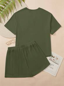 INAWLY 大码女式夏季纯色缺口领落肩 T 恤和系带腰短裤两件套 - 軍綠色 - 查看 2