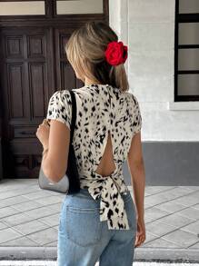 Chiquease Blusa de mujer de verano francesa elegante, de cuello redondo, manga abullonada y estampada, de corte regular - Multicolor - Ver 2