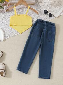 SHEIN طقم قميص كامي بتصميم غير متماثل والبنطال المطبوع بوجه الضحك للفتاة الصغيرة، 2 قطعة