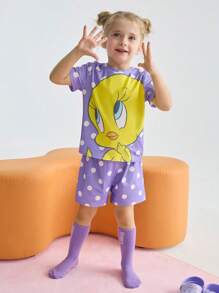 LOONEY TUNES X SHEIN 2pcs/Set Young Girl Cute Cartoon Bird Tweety & Polka Dot Print Short Sleeve T-Shirt And Purple Polka Dot Shorts Pajamas Set, Casual For Spring/Summer