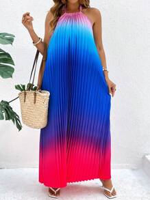 SHEIN Clasi Vestido halter con pliegues y espalda descubierta en degradado, adecuado para vacaciones de primavera/verano en tallas grandes - Multicolor - Ver 5