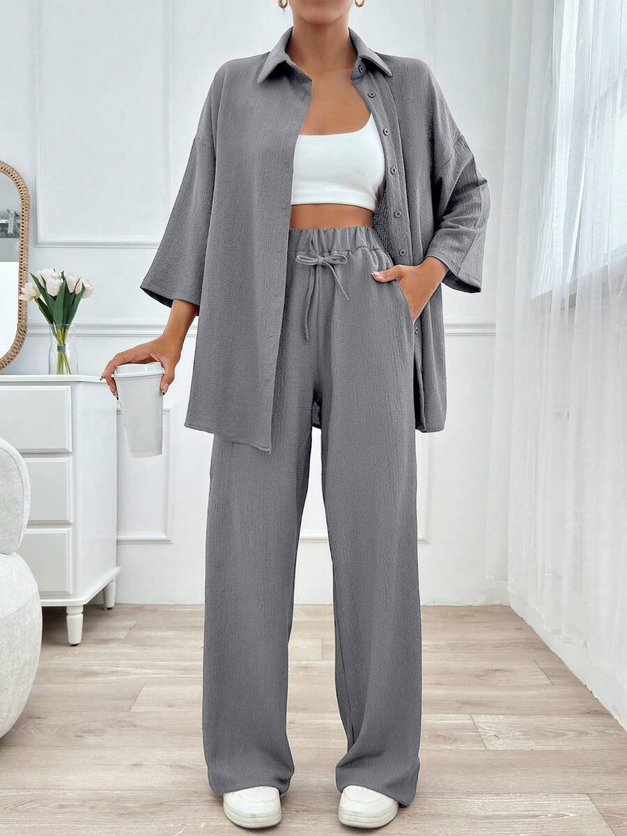 SHEIN Tall Size Women 2pcs Set Front Button Long Sleeve Top And Front Tie Long Pants, Minimalist Style - Dark Grey - View 1