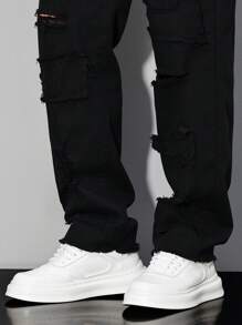 Manfinity Roughcore 男士休闲破洞牛仔裤，适合夏季 - 黑色 - 查看 7