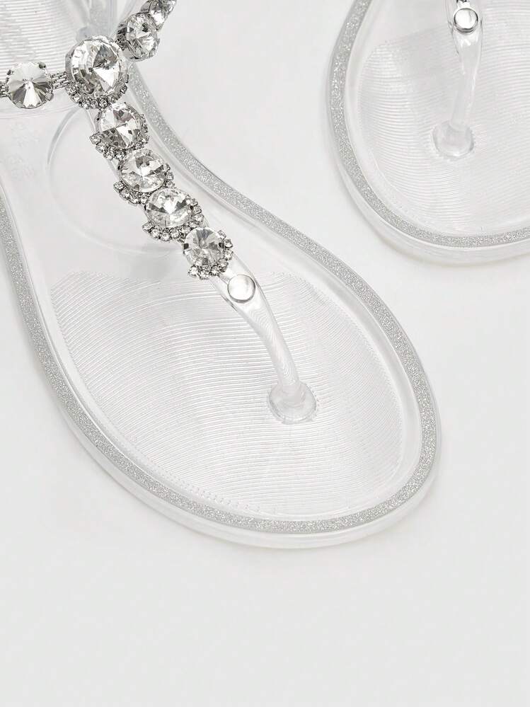 CUCCOO SZL Sandalias planas de verano con correa de tobillo y decoración de rhinestones, elegantes, a la moda y con estilo para vacaciones, fiestas, ocasiones especiales como Navidad, Año Nuevo y San Valentín - transparente - Añade 5