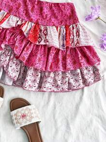 Soleia Minifalda bohemia retro con estampado floral multicapa, diseño de paisley, cintura baja, apta para vacaciones, festivales de música, estilo bohemio, citas y tardes de té.