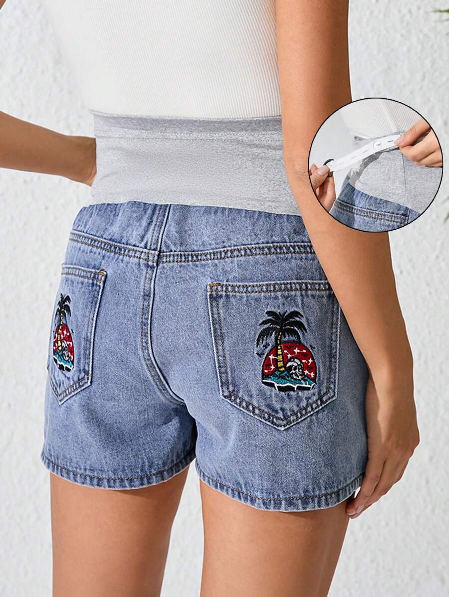 Pantalones cortos de mezclilla casuales para maternidad con cintura ajustable y bordado de palmera - Lavado ligero - Ver 1