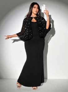 Viva Relle Plus Size Women Elegant Romantic Party Ruffled Chiffon Capelet And Bodycon Fish Tail Slip Dress 2 Pieces Set - Black - View 2