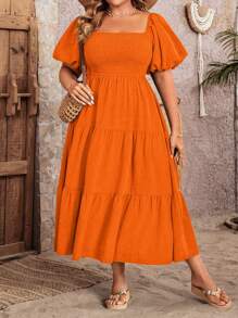 Celure 大码女式度假休闲纯色泡泡袖裹腰连衣裙长款女装