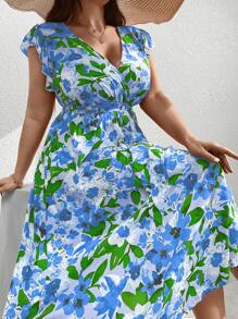 Breezaya Plus Size Vacation Style Floral Allover Print Ruffle Hem Dress For Leisure Maxi Women Outfit, For Spring - Baby Blue - View 4