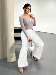 SHEIN SXY 女士休闲条纹西装裤，简约时尚，适合日常穿着、派对女士、圣诞派对女士、新年前夜、新年 - 白色 - 查看 4