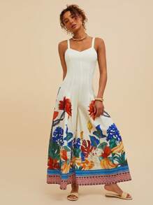 Travachic Tropical Print Camisole Wide Leg Jumpsuit, Vacation Casual