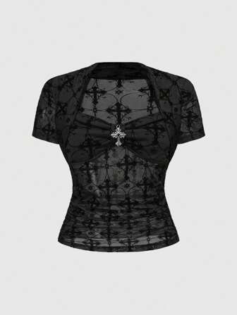 Gothic Elegant Cross Flocked Semi-Sheer Women Short Sleeve Top