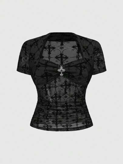 Goth Gothic Elegant Cross Flocked Semi-Sheer Women Short Sleeve Top