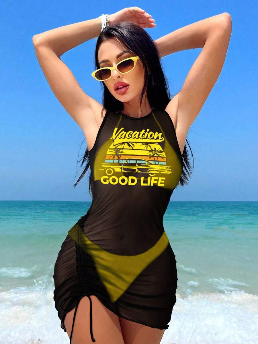 Swim Vcay 女士夏季海滩纯色吊带性感比基尼泳装套装带字母印花无袖罩衫连衣裙 - 黃色 - 查看 1