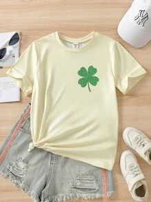 SHEIN Explorewe 青少年女孩三叶草印花圣帕特里克节休闲 T 恤