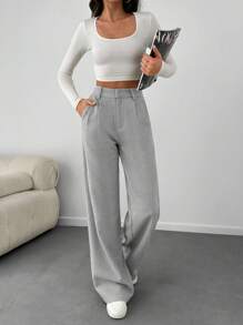 SHEIN Tall 女士纯色高腰阔腿裤 - 灰色 - 查看 6